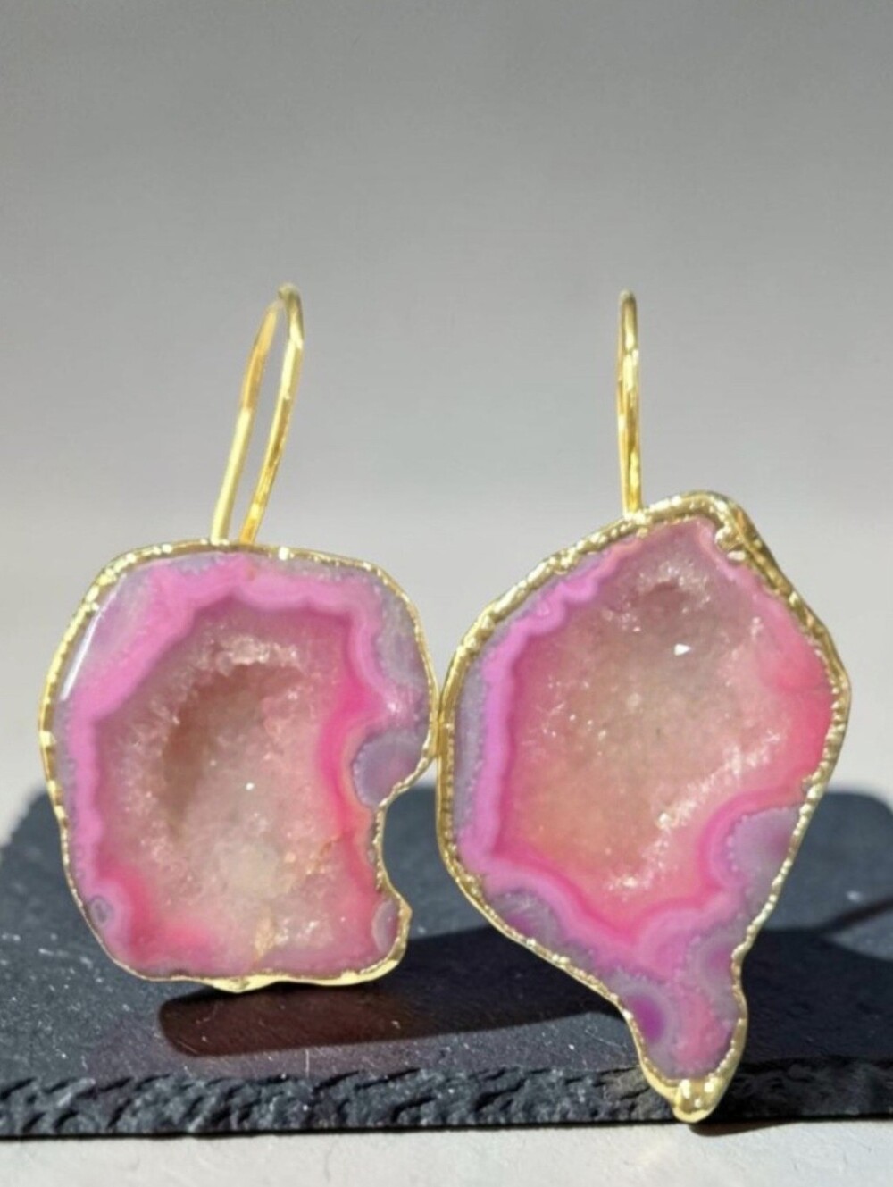18k Gold Plated Girl Pink Lavendar Genyine Sugar Crystal Geode Agate Earrings